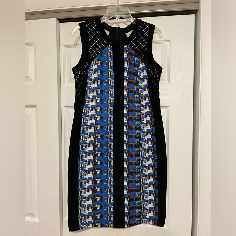 Carmen Marc Valvo Blue & Black Abstract Print Dress - Size 12